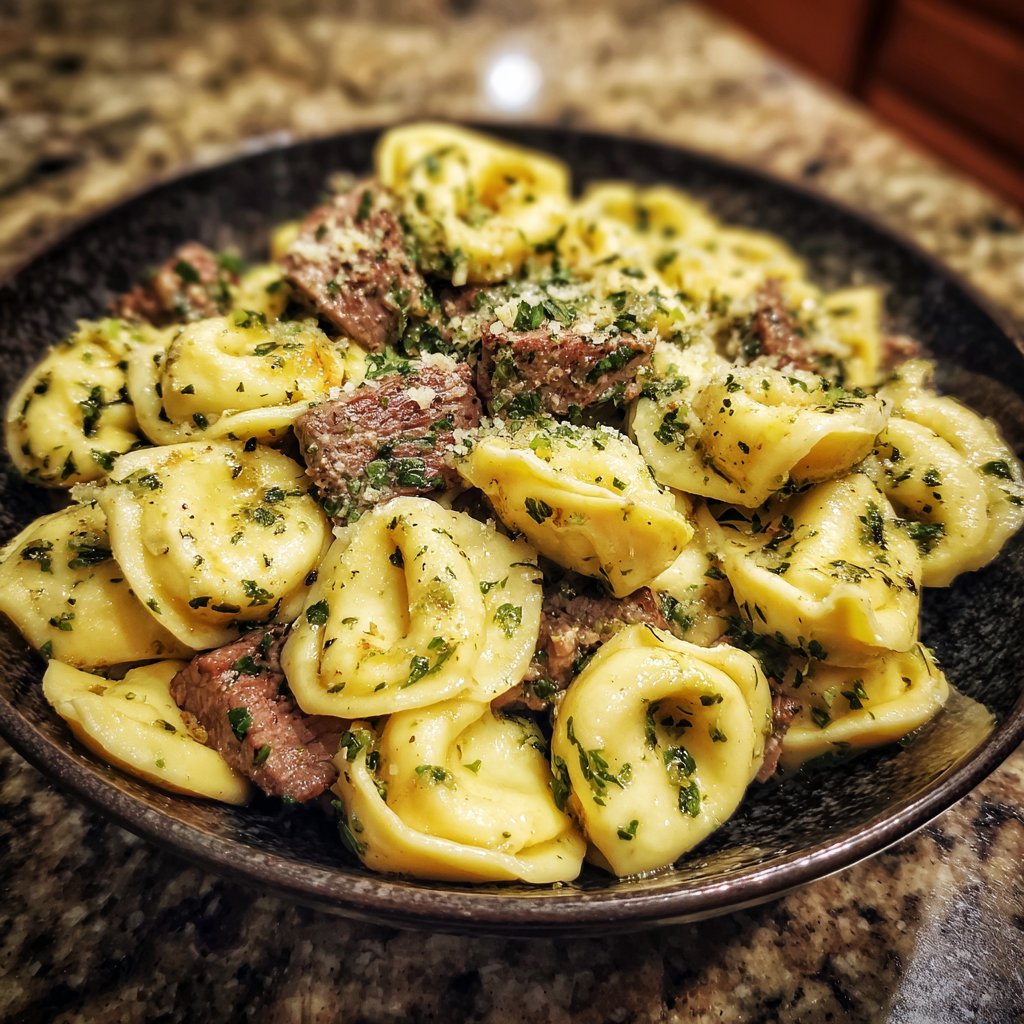 Knoblauch Steak Tortellini mit Zitronen Kräuterbutter