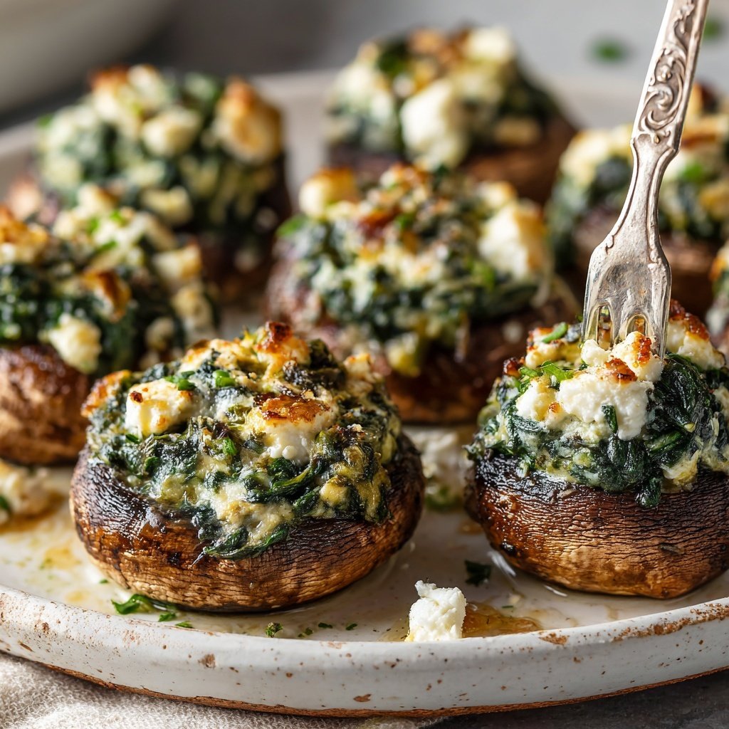 Mit Spinat und Feta gefüllte Champignons