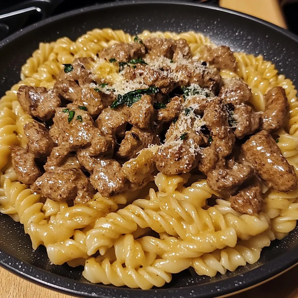 Krämig, kryddig vitlökssmörbiff och pasta i en gryta: Ett underbart ultimat recept