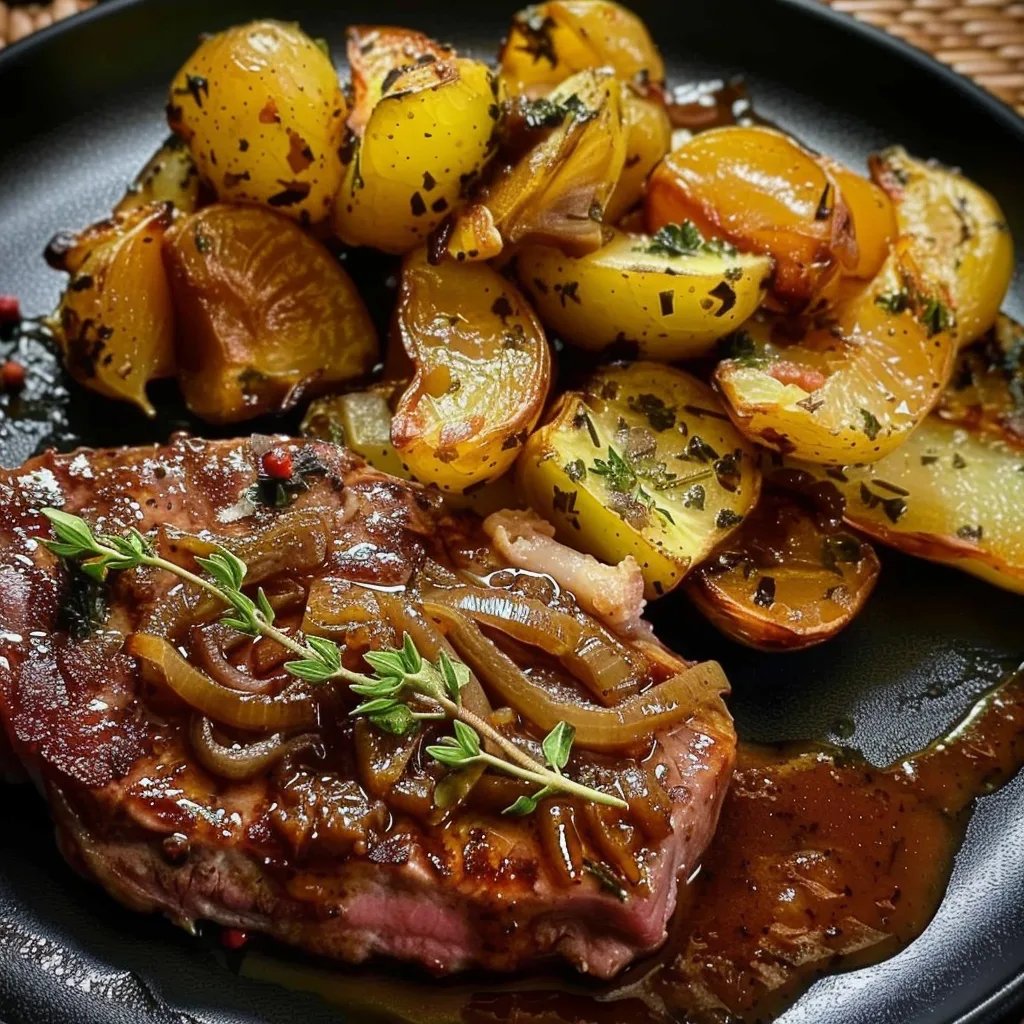 Braumeisterpfanne mit Nackensteaks und vielen Zwiebeln