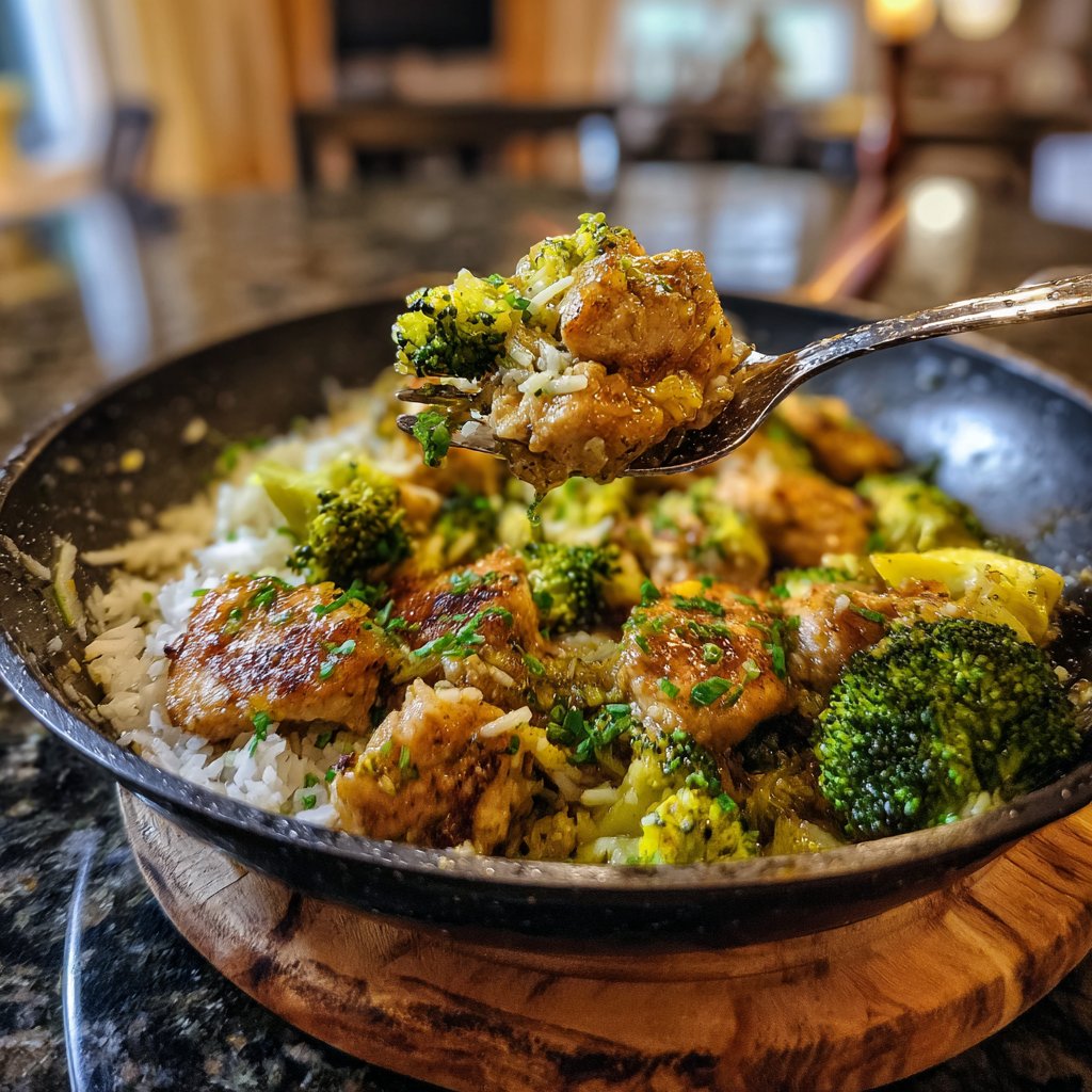 Käsiger Hähnchen Pfanne Brokkoli Reis
