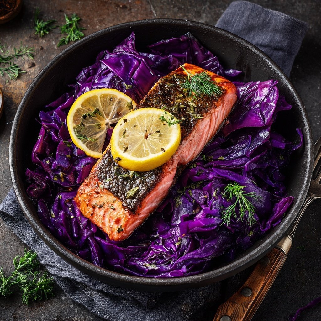 Wildlachs mit Rotkohl gegart