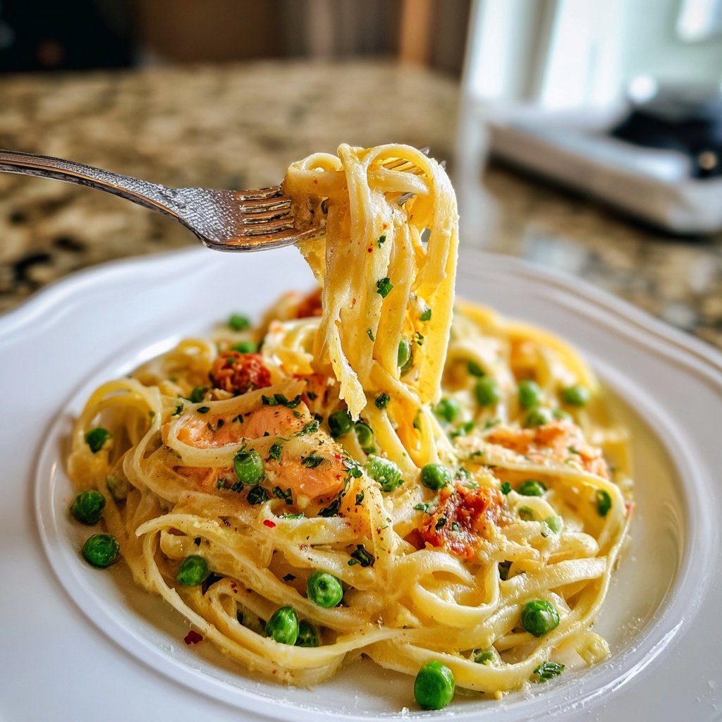 Safran-Lachs-Pasta mit Erbsen