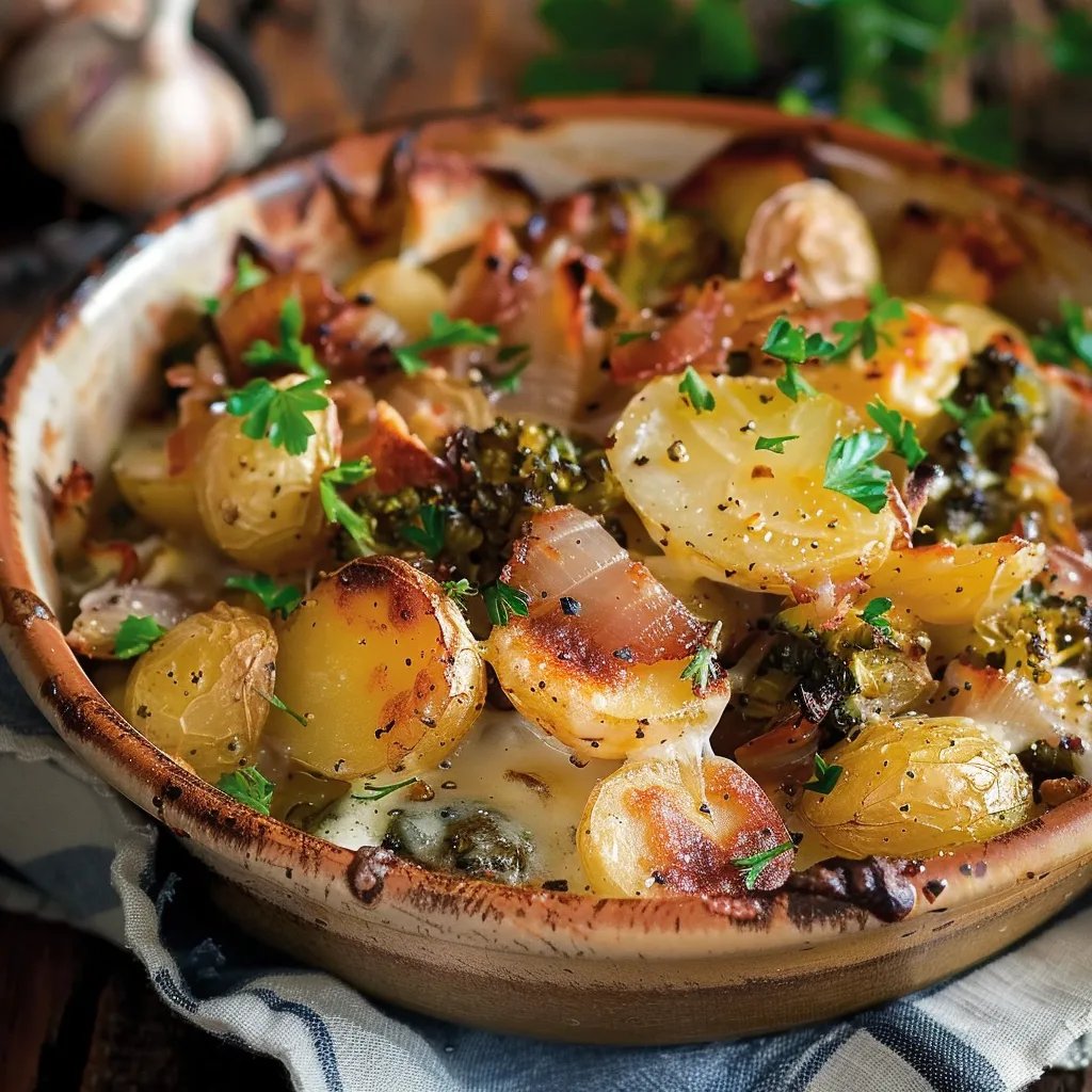 Kartoffel-Rosenkohl-Auflauf mit Speck