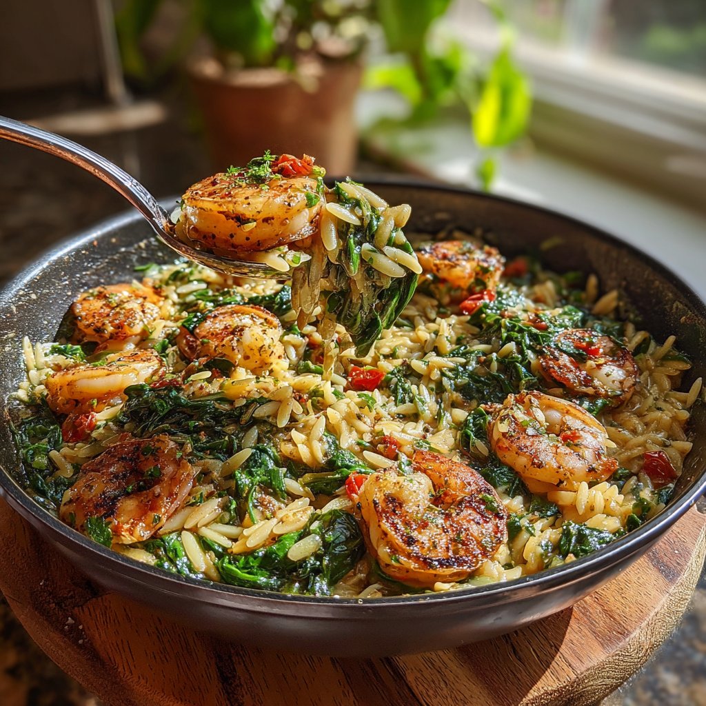 Shrimp and Spinach Orzo Skillet